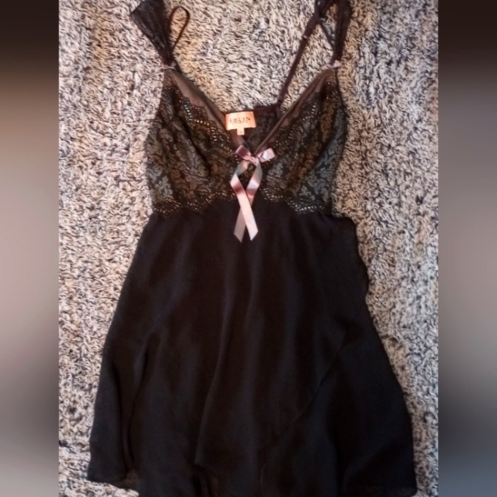 Eblin Lingerie Sheer Black BabyDoll with Lace Silver Bow Glitter Detail M